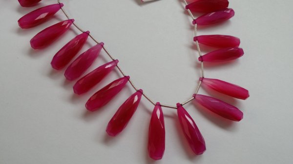 Hot Pink Chalcedony Long Drops Faceted