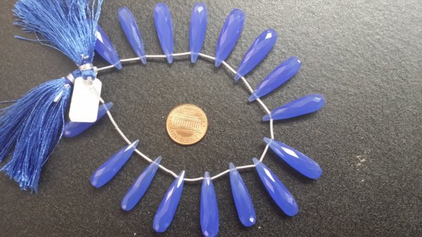 Royal Blue Chalcedony Long Drops Faceted Heated